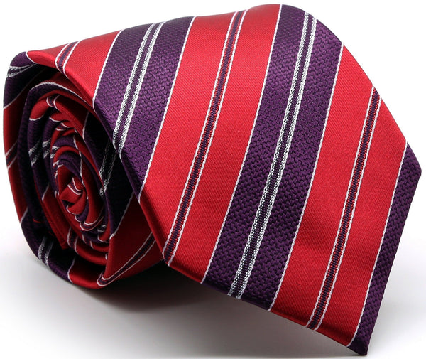 Mens Dads Classic Red Striped Pattern Business Casual Necktie & Hanky Set F-5
