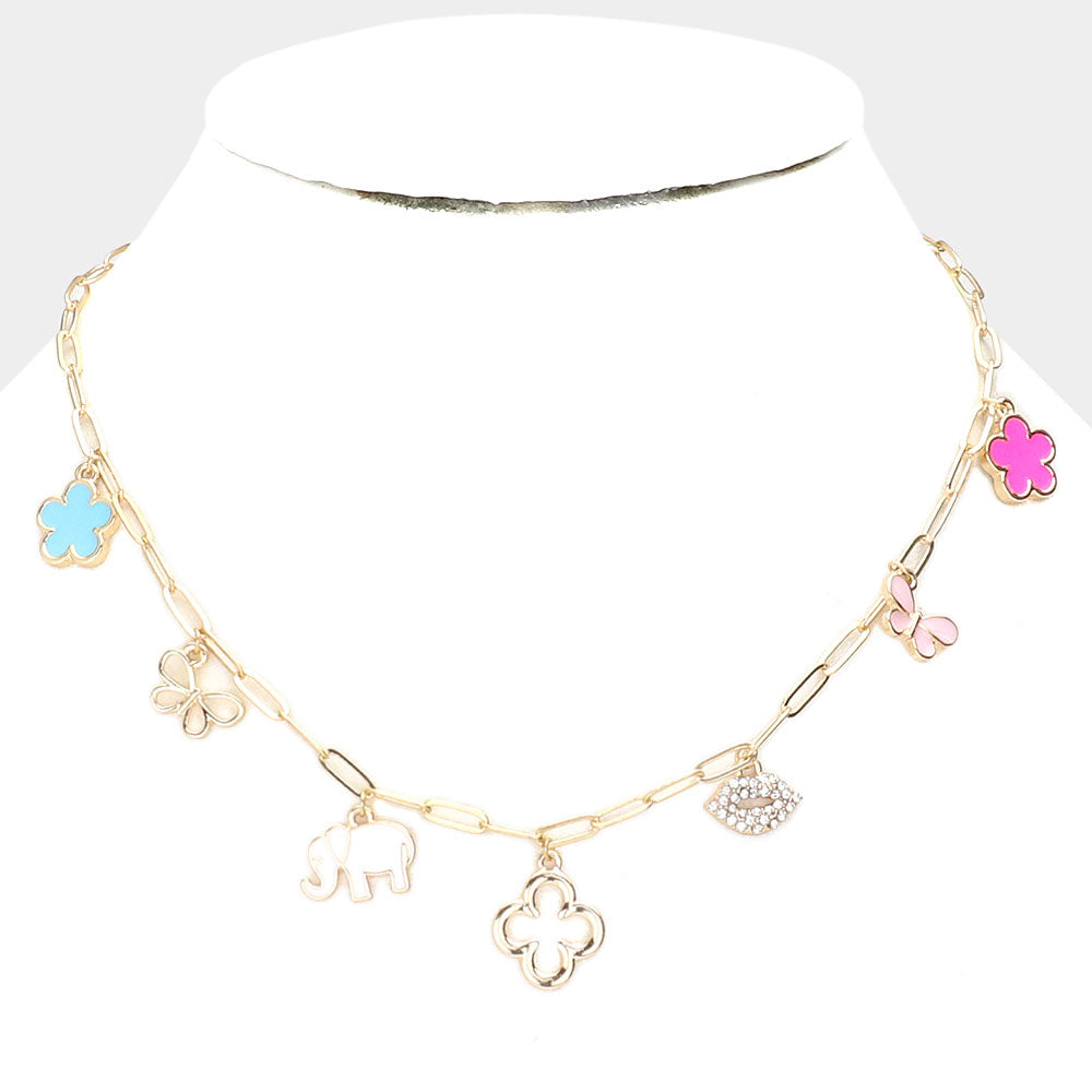 Flower Butterfly Elephant Quatrefoil Lip Pendant Station Necklace
