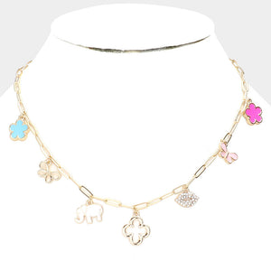Flower Butterfly Elephant Quatrefoil Lip Pendant Station Necklace