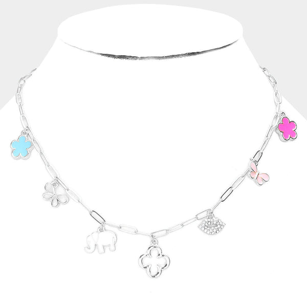 Flower Butterfly Elephant Quatrefoil Lip Pendant Station Necklace