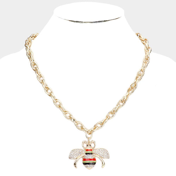 Rhinestone Embellished Honey Bee Pendant Necklace