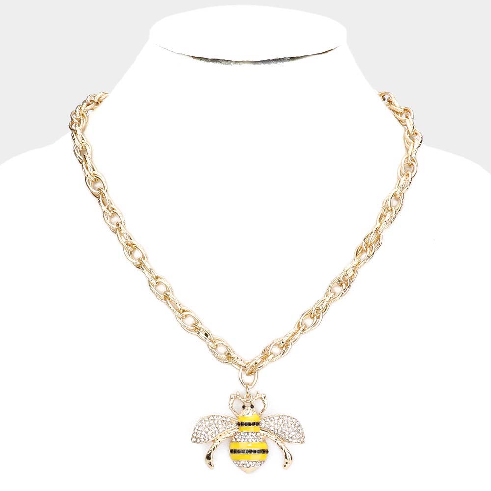 Rhinestone Embellished Honey Bee Pendant Necklace