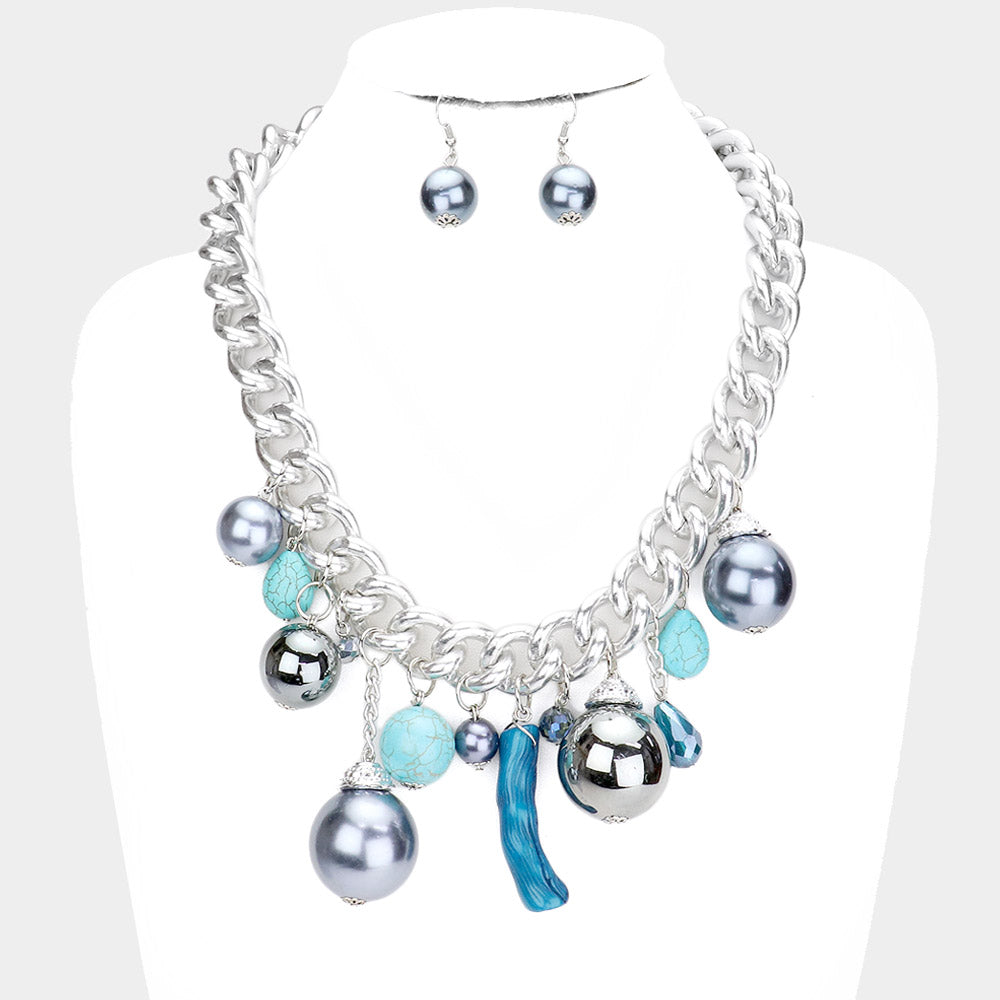 Natural Stone Metal Ball Pearl Coral Link Statement Necklace