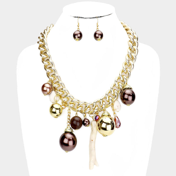 Natural Stone Metal Ball Pearl Coral Link Statement Necklace