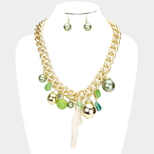 Natural Stone Metal Ball Pearl Coral Link Statement Necklace