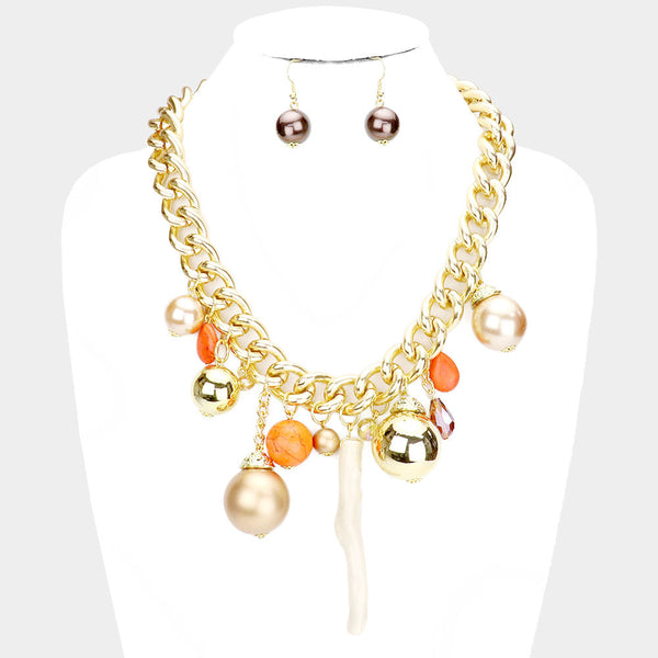 Natural Stone Metal Ball Pearl Coral Link Statement Necklace