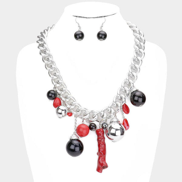 Natural Stone Metal Ball Pearl Coral Link Statement Necklace