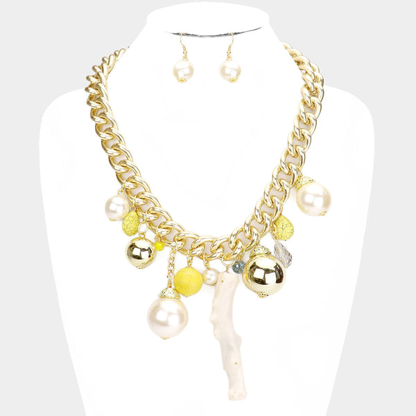 Natural Stone Metal Ball Pearl Coral Link Statement Necklace