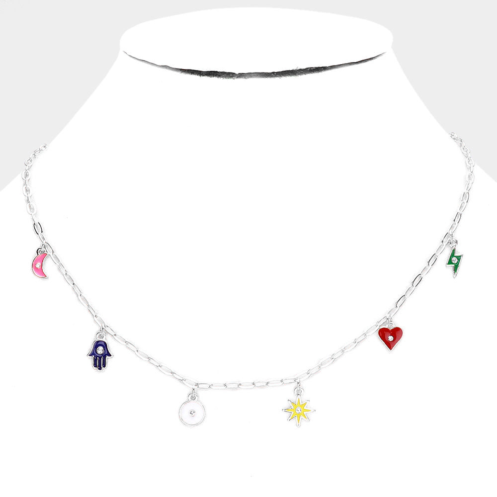 Crescent Moon Hamsa Hand Evil Eye North Star Heart Lightning Pendant Station Necklace