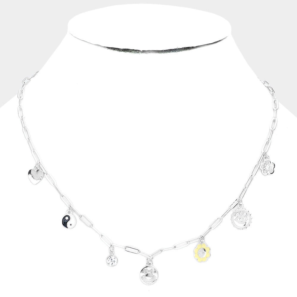 Heart Yin Yang Smile Flower Evil Eye Pendant Station Necklace