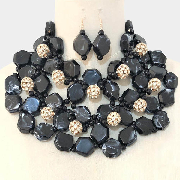 Stone Ball Marbled Bead Cluster Necklace