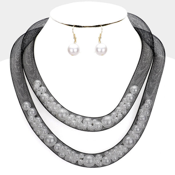Double Mesh Tube Pearl Collar Necklace