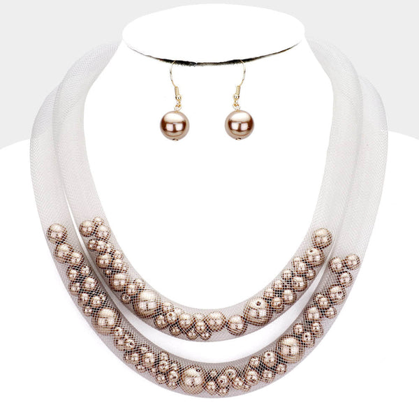 Double Mesh Tube Pearl Collar Necklace
