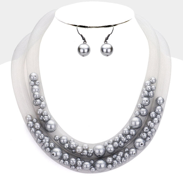 Double Mesh Tube Pearl Collar Necklace