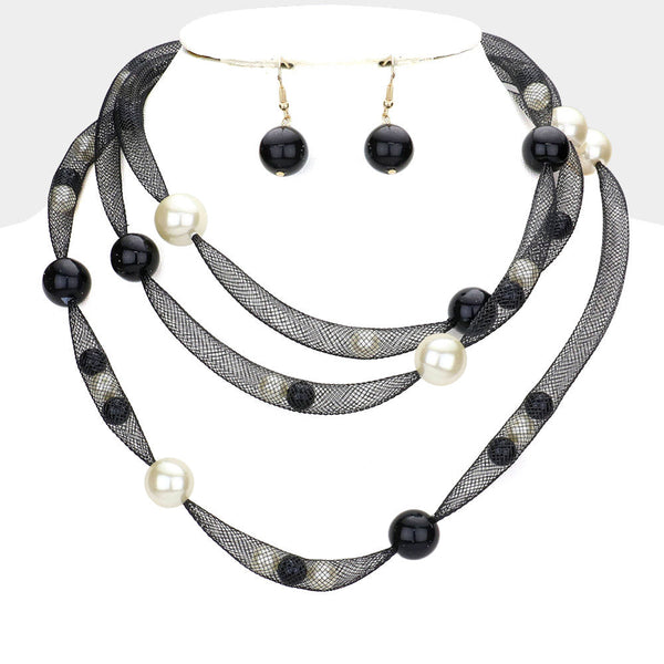 Pearl Accented Triple Layered Mesh Bib Necklace