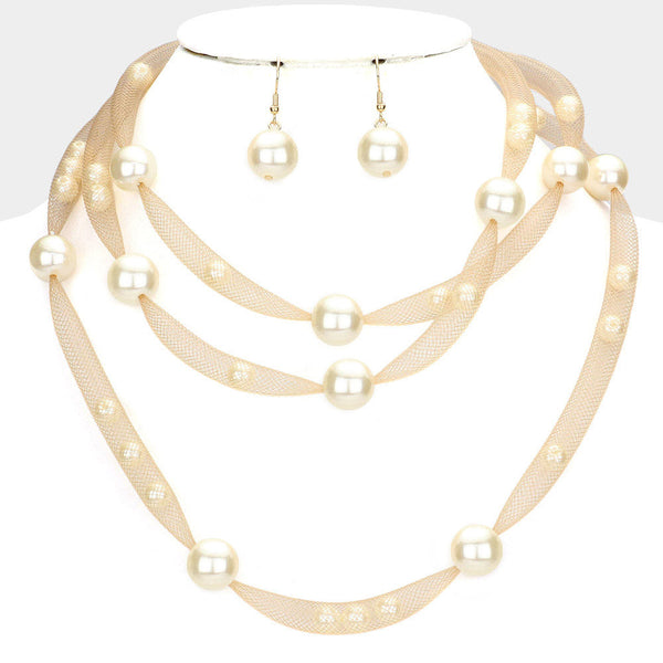 Pearl Accented Triple Layered Mesh Bib Necklace