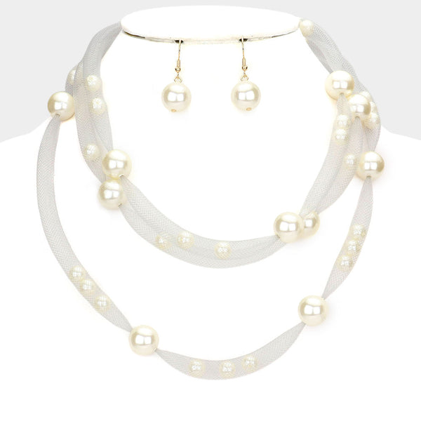 Pearl Accented Triple Layered Mesh Bib Necklace