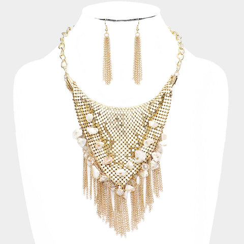 Natural Stone Cluster Metal Chain Fringe Necklace