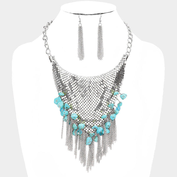 Natural Stone Cluster Metal Chain Fringe Necklace