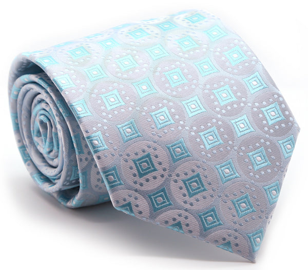 Mens Dads Classic Turquoise Geometric Pattern Business Casual Necktie & Hanky Set I-8