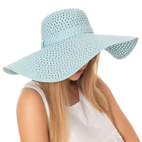 Light Blue Cut Out Straw Sun Hat.  Keep your styles on even when you are relaxing at the pool or playing at the beach. Large, comfortable, and perfect for keeping the sun off of your face, neck, and shoulders Perfect summer, beach accessory. Ideal for travellers who are on vacation or just spending some time in the great outdoors.