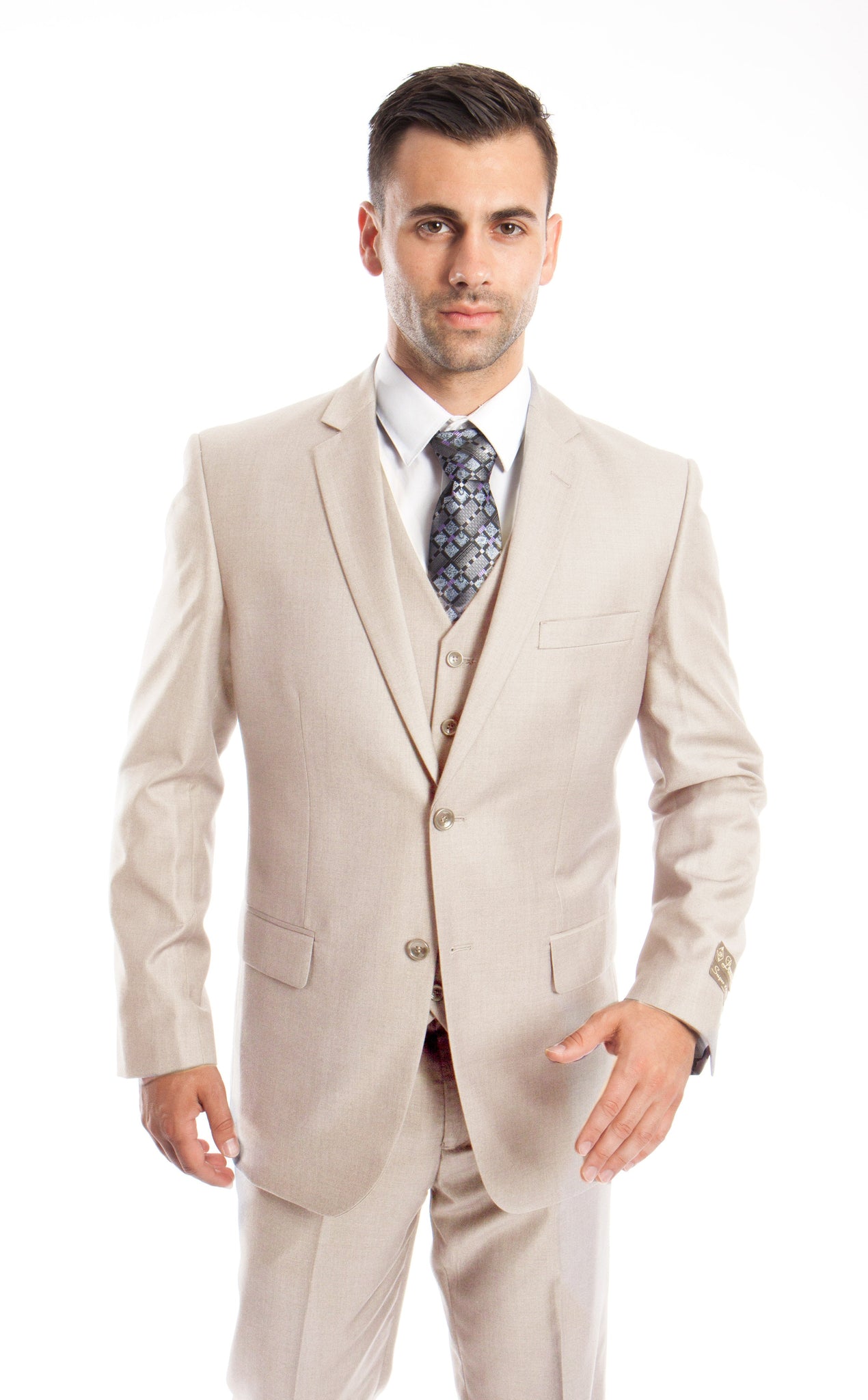 Tan Solid 3-PC Modern Fit Suits For Men