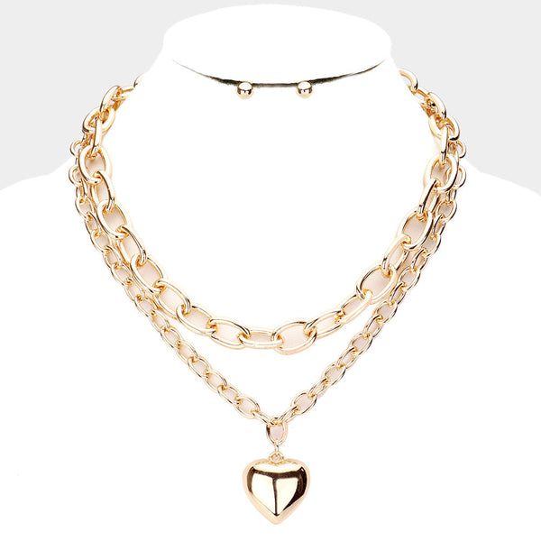 Metal Heart Pendant Double Layered Necklace