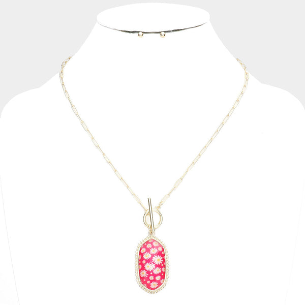 Daisy Flower Patterned Hexagon Pendant Toggle Necklace