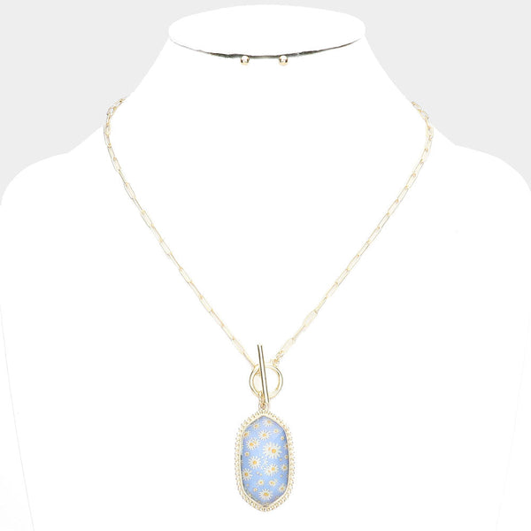 Daisy Flower Patterned Hexagon Pendant Toggle Necklace
