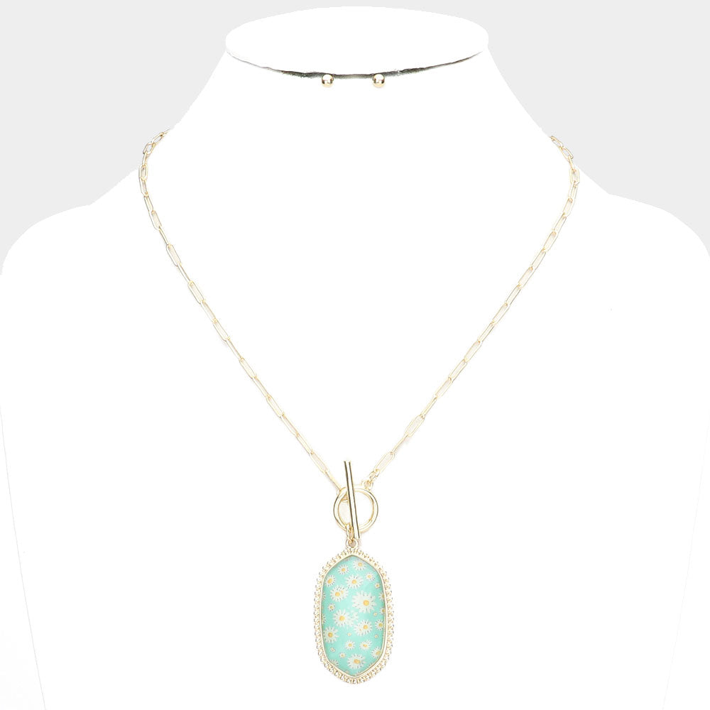 Daisy Flower Patterned Hexagon Pendant Toggle Necklace