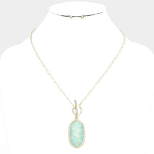 Daisy Flower Patterned Hexagon Pendant Toggle Necklace