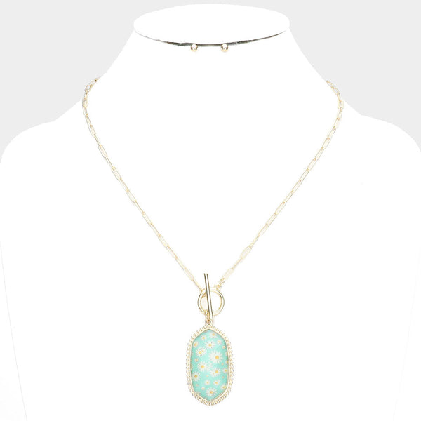 Daisy Flower Patterned Hexagon Pendant Toggle Necklace