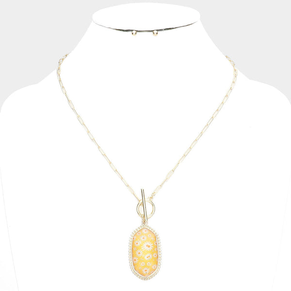 Daisy Flower Patterned Hexagon Pendant Toggle Necklace