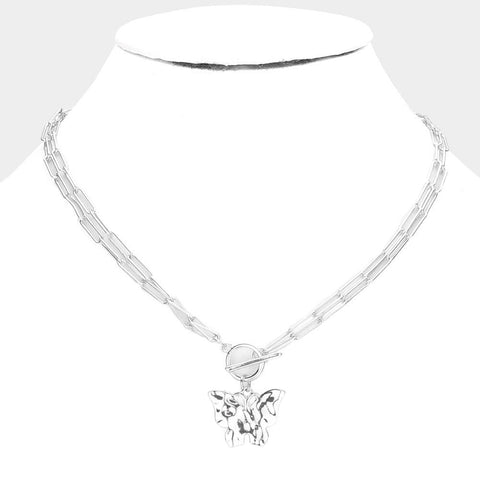 Hammered Metal Butterfly Pendant Double Layered Toggle Necklace