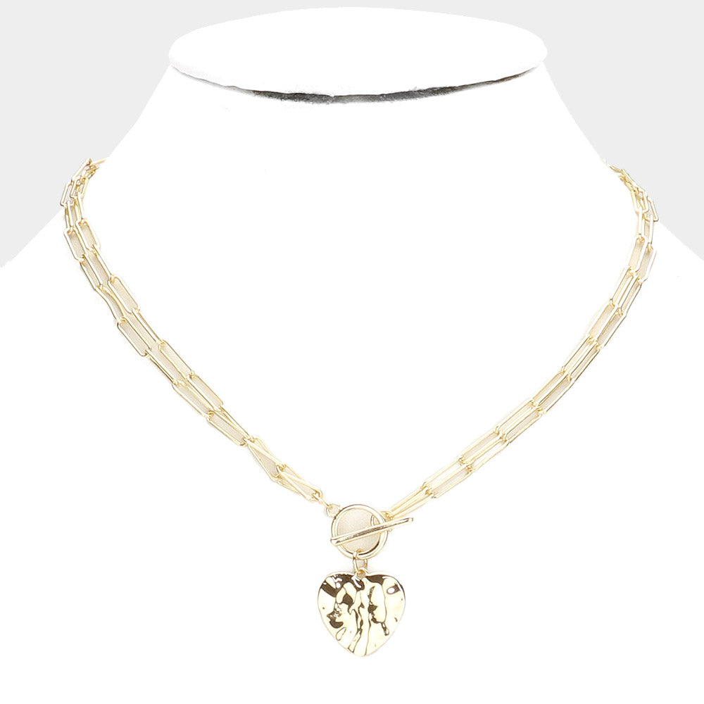 Hammered Metal Heart Pendant Double Layered Toggle Necklace