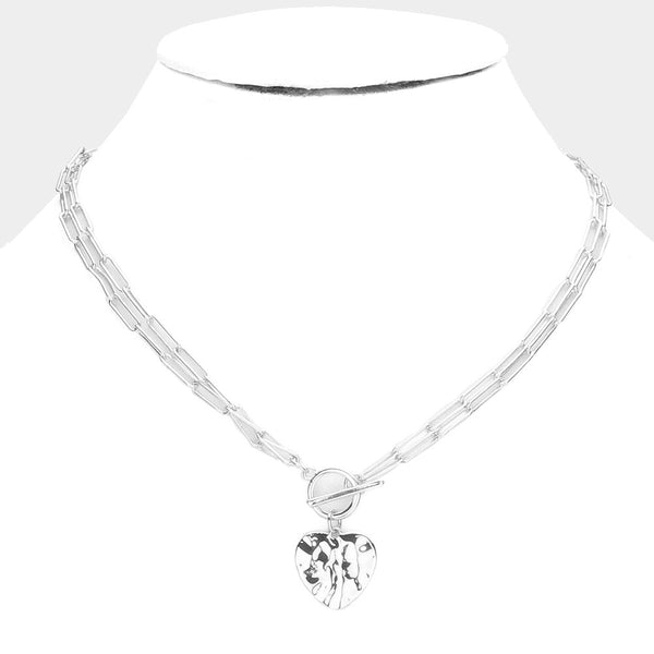 Hammered Metal Heart Pendant Double Layered Toggle Necklace