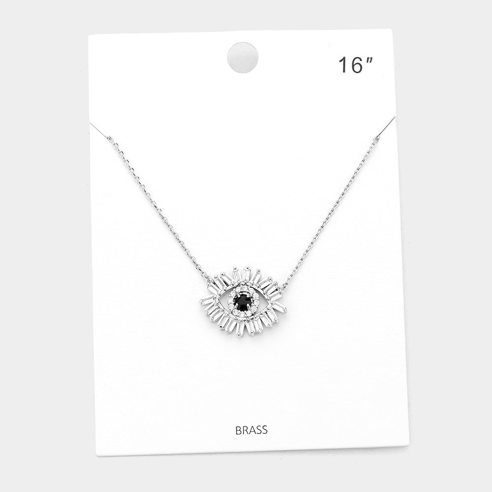 Stone Embellished Brass Metal Evil Eye Pendant Necklace