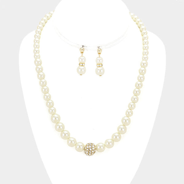 Pave Ball & Pearl Strand Necklace