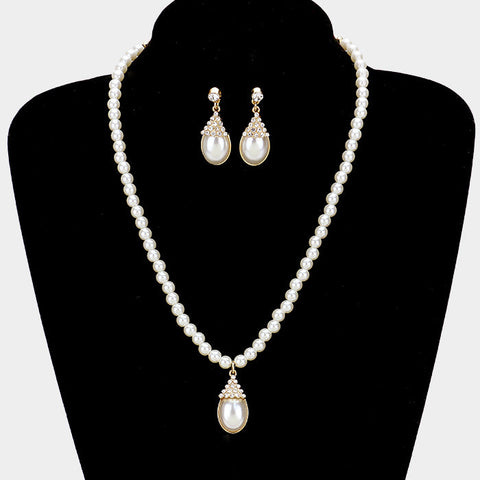 Crystal Pave Teardrop Pearl Pendant Necklace
