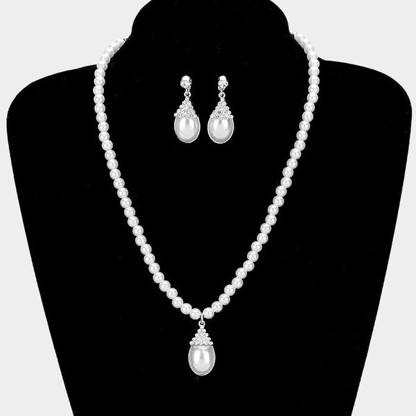 Crystal Pave Teardrop Pearl Pendant Necklace