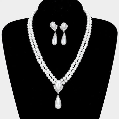 Crystal Detail Teardrop Pearl Pendant Double Strand Necklace
