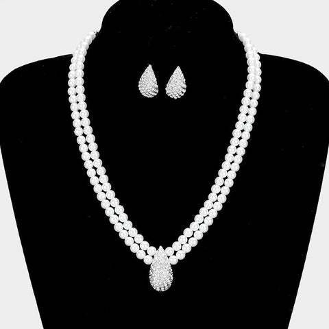 Crystal Pave Teardrop Accented Pearl Necklace