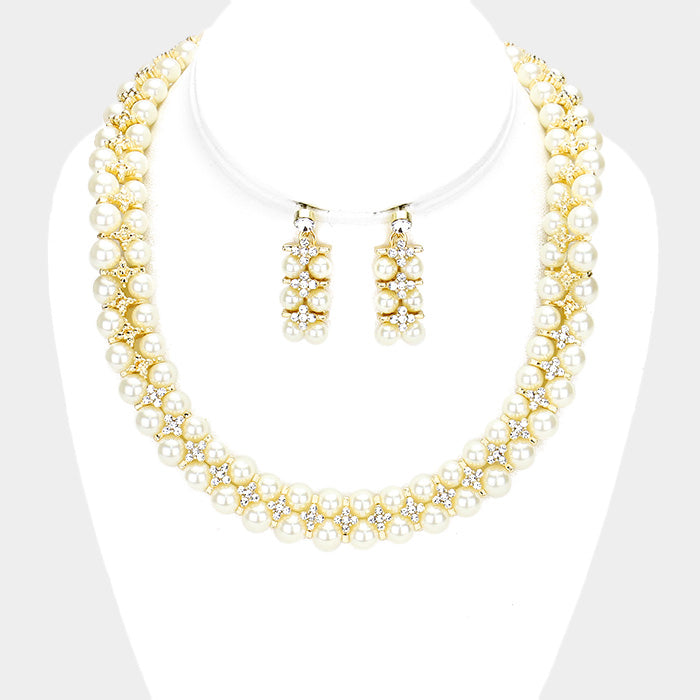 Crystal Rhinestone Pearl Cluster Bib Necklace