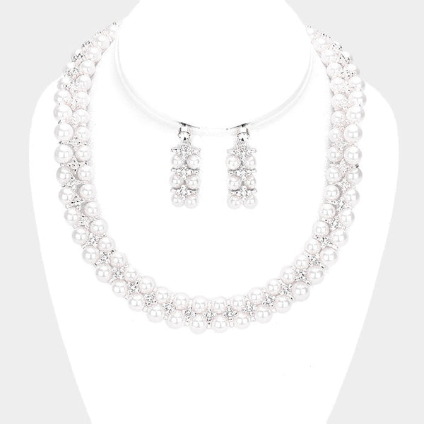 Crystal Rhinestone Pearl Cluster Bib Necklace