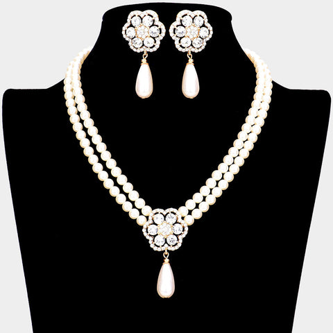 Bubble Stone Flower Teardrop Pearl Accented Necklace