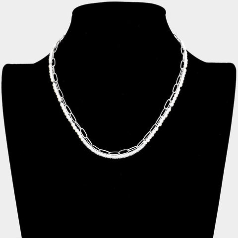 Curved Metal Tube Accented Pearl Open Oval Link Double Layered Necklace