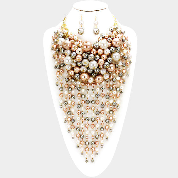 Pearl Strand Fringe Bib Necklace