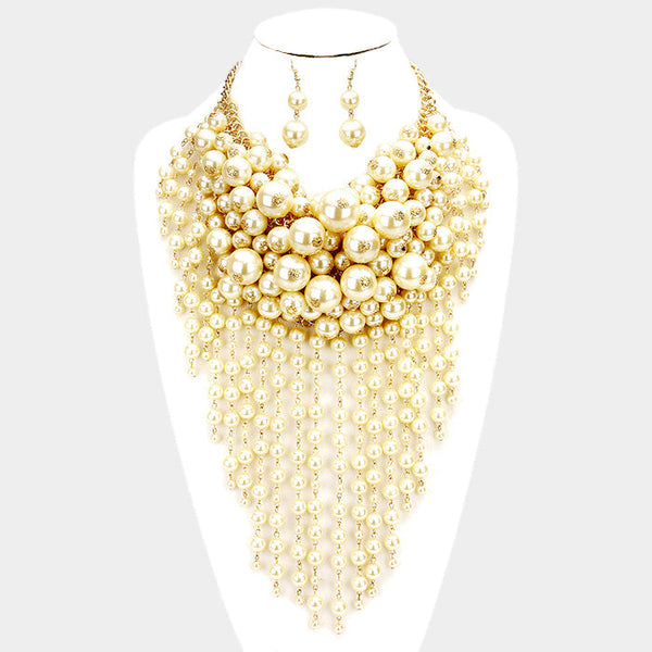 Pearl Strand Fringe Bib Necklace