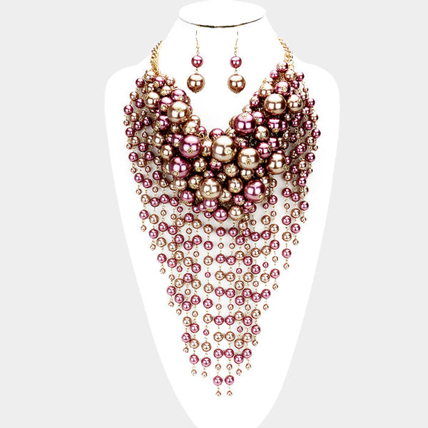 Pearl Strand Fringe Bib Necklace