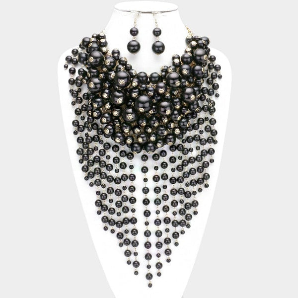 Pearl Strand Fringe Bib Necklace